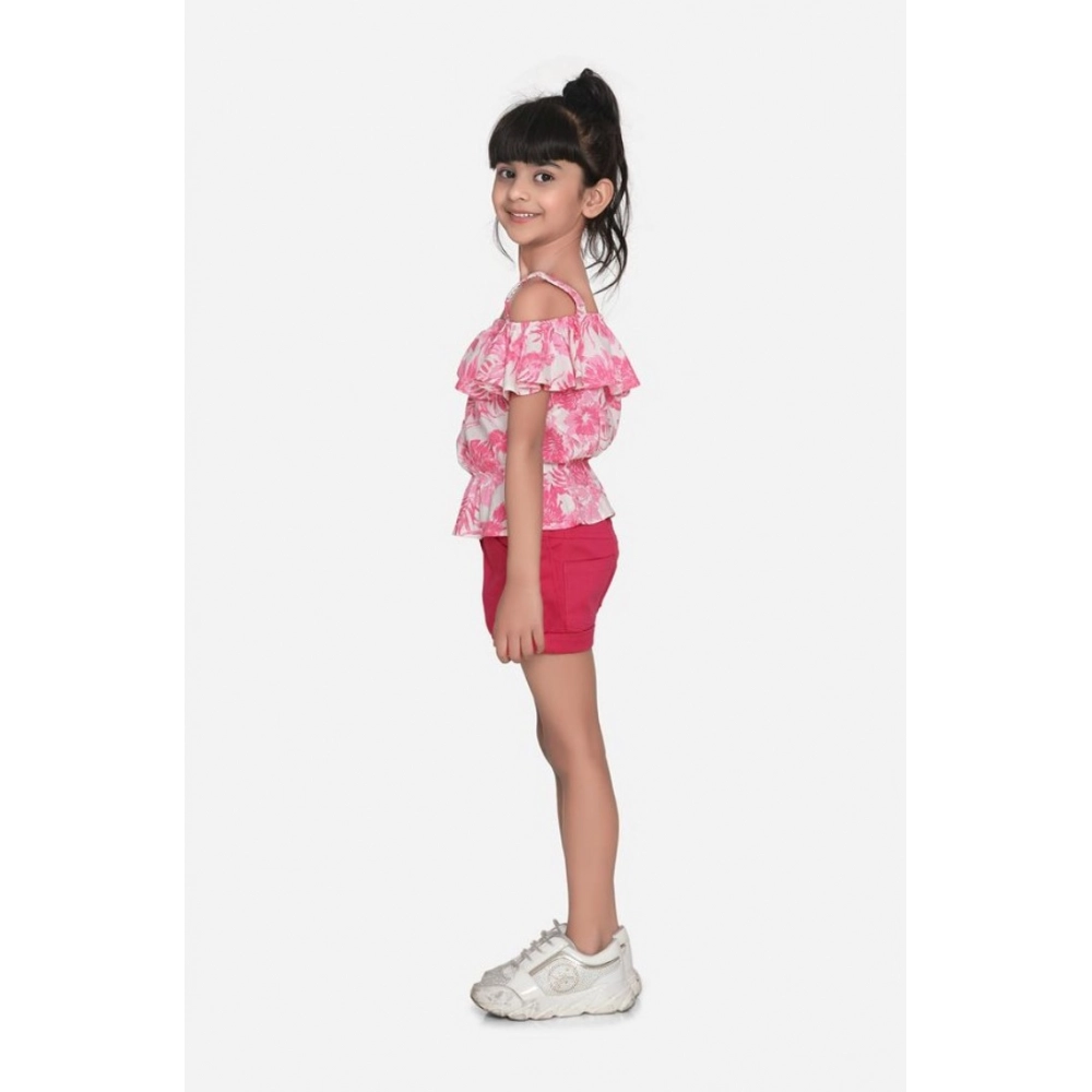 Generic Girl's Cotton Floral Cold Shoulder Top and Shorts Set (Pink-Red) - Image 3