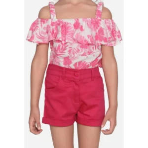 Generic Girl's Cotton Floral Cold Shoulder Top and Shorts Set (Pink-Red)