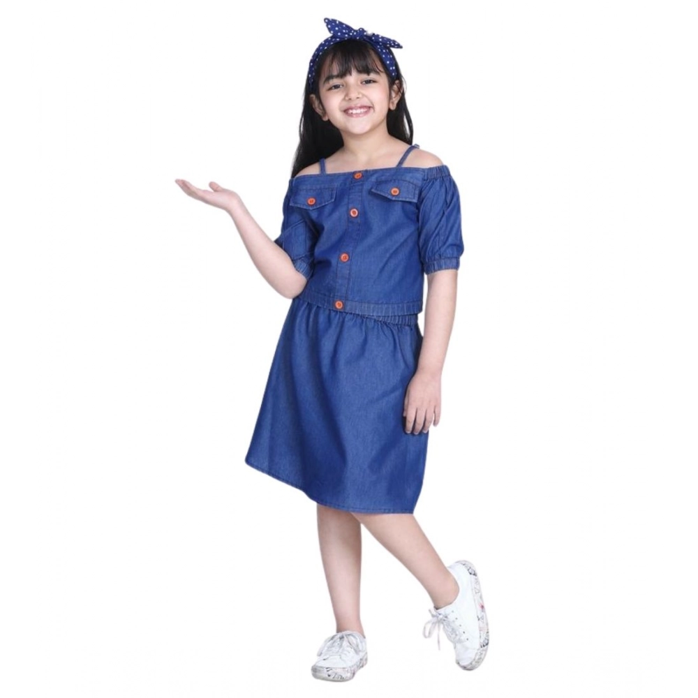 Generic Girl's Denim Solid Cold Shoulder Top and Skirt Set (Navy Blue) - Image 2