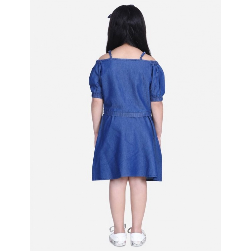Generic Girl's Denim Solid Cold Shoulder Top and Skirt Set (Navy Blue) - Image 3