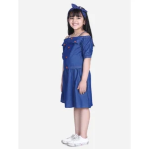 Generic Girl's Denim Solid Cold Shoulder Top and Skirt Set (Navy Blue)