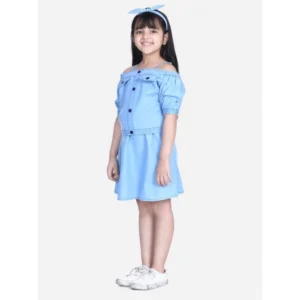 Generic Girl's Denim Solid Cold Shoulder Top and Skirt Set (Light Blue)