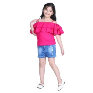 Generic Girl's Rayon Solid Cold Shoulder Top with Shorts (Pink-Blue)