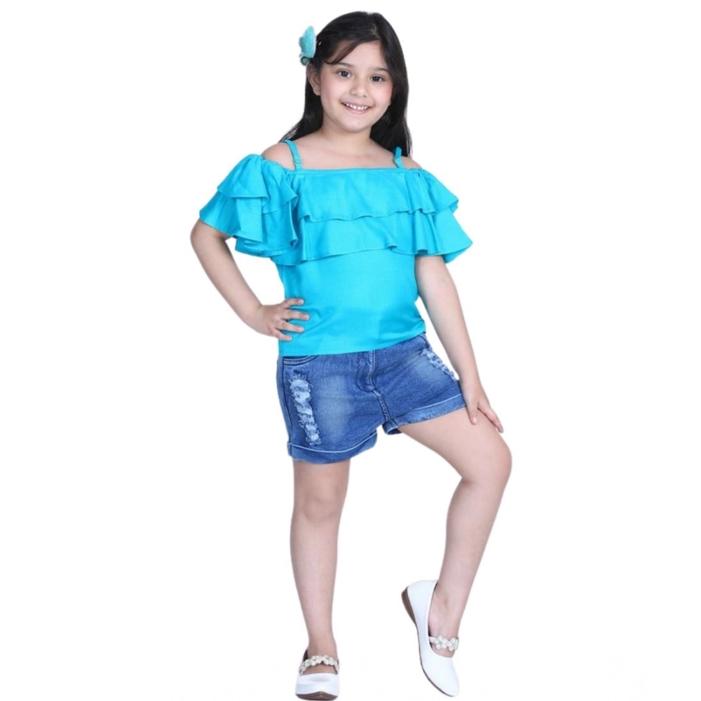 Generic Girl's Rayon Solid Cold Shoulder Top with Shorts (Blue) - Image 5