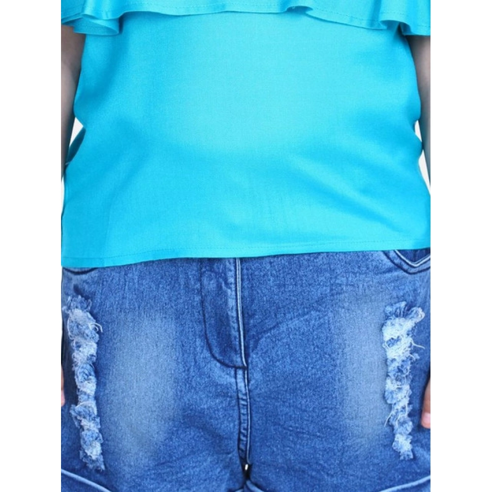 Generic Girl's Rayon Solid Cold Shoulder Top with Shorts (Blue) - Image 2