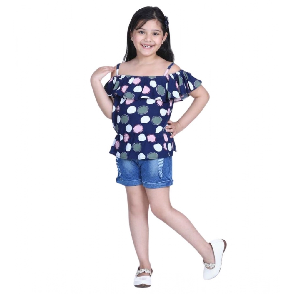 Generic Girl's Rayon Solid Cold Shoulder Top with Shorts (Navy Blue) - Image 5