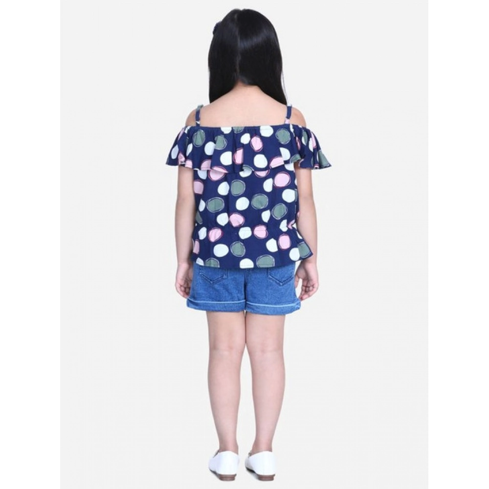 Generic Girl's Rayon Solid Cold Shoulder Top with Shorts (Navy Blue) - Image 4