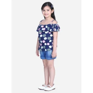 Generic Girl's Rayon Solid Cold Shoulder Top with Shorts (Navy Blue)