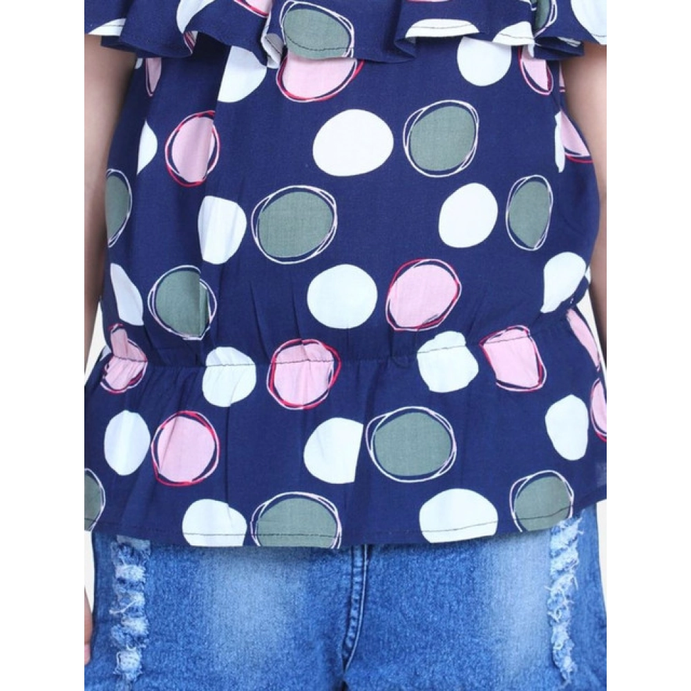 Generic Girl's Rayon Solid Cold Shoulder Top with Shorts (Navy Blue) - Image 3