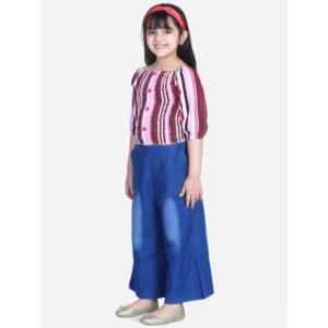 Generic Girl's Rayon Solid Bell Sleeve Top with Culottes (Purple-Blue)