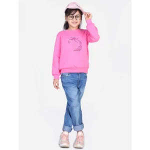 Generic Girl's Fleece Embellished Long Sleeves Sweatshirt (Pink)