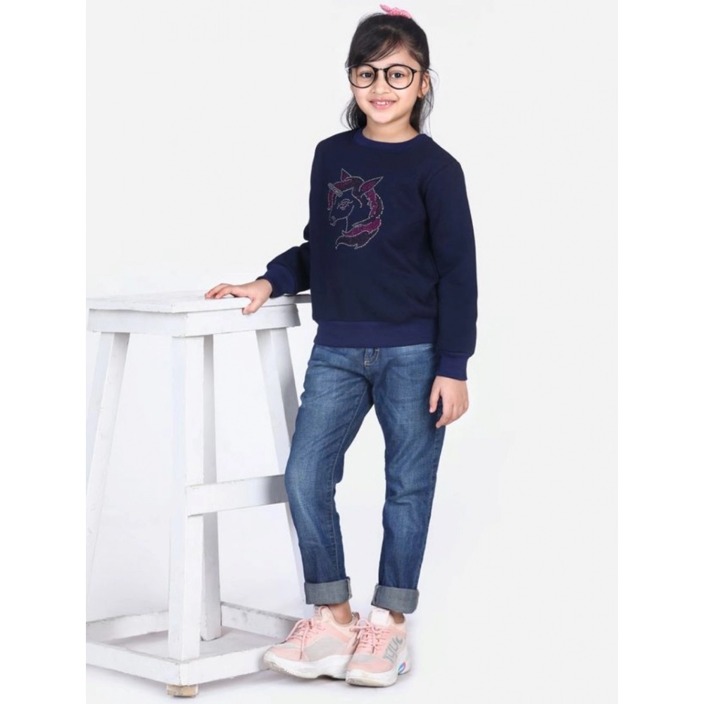 Generic Girl's Fleece Embellished Long Sleeves Sweatshirt (Navy Blue) - Image 3
