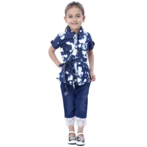 Generic Girl's Denim Tie & Dye Short Sleeve Top (Blue-White)