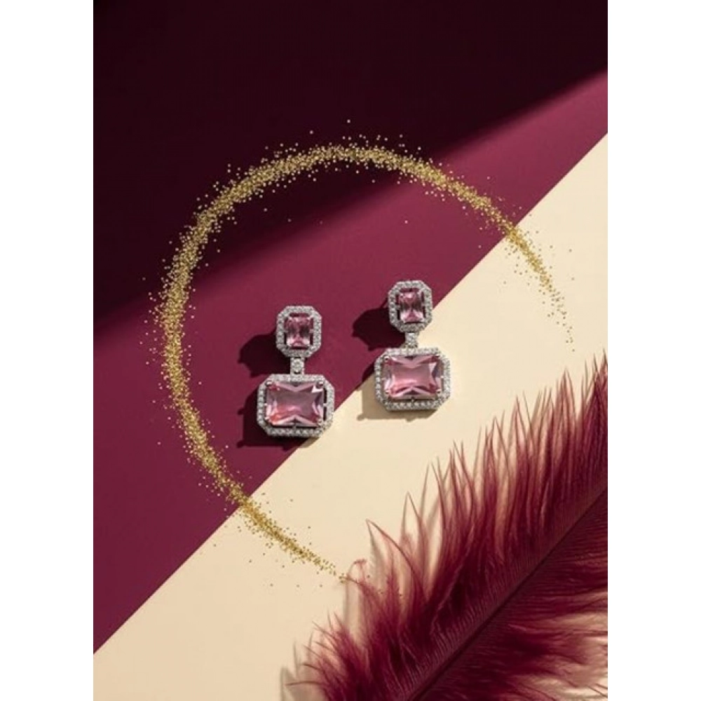 Generic Women's Brass Silver Plated Drop Earrings (Pink) - Image 5
