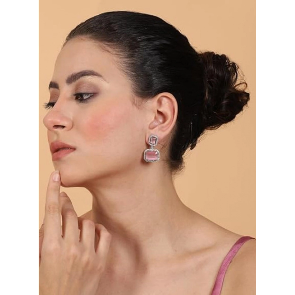 Generic Women's Brass Silver Plated Drop Earrings (Pink) - Image 3