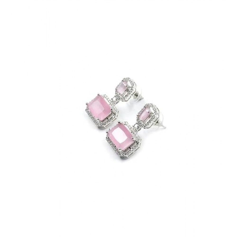 Generic Women's Brass Silver Plated Drop Earrings (Pink) - Image 2
