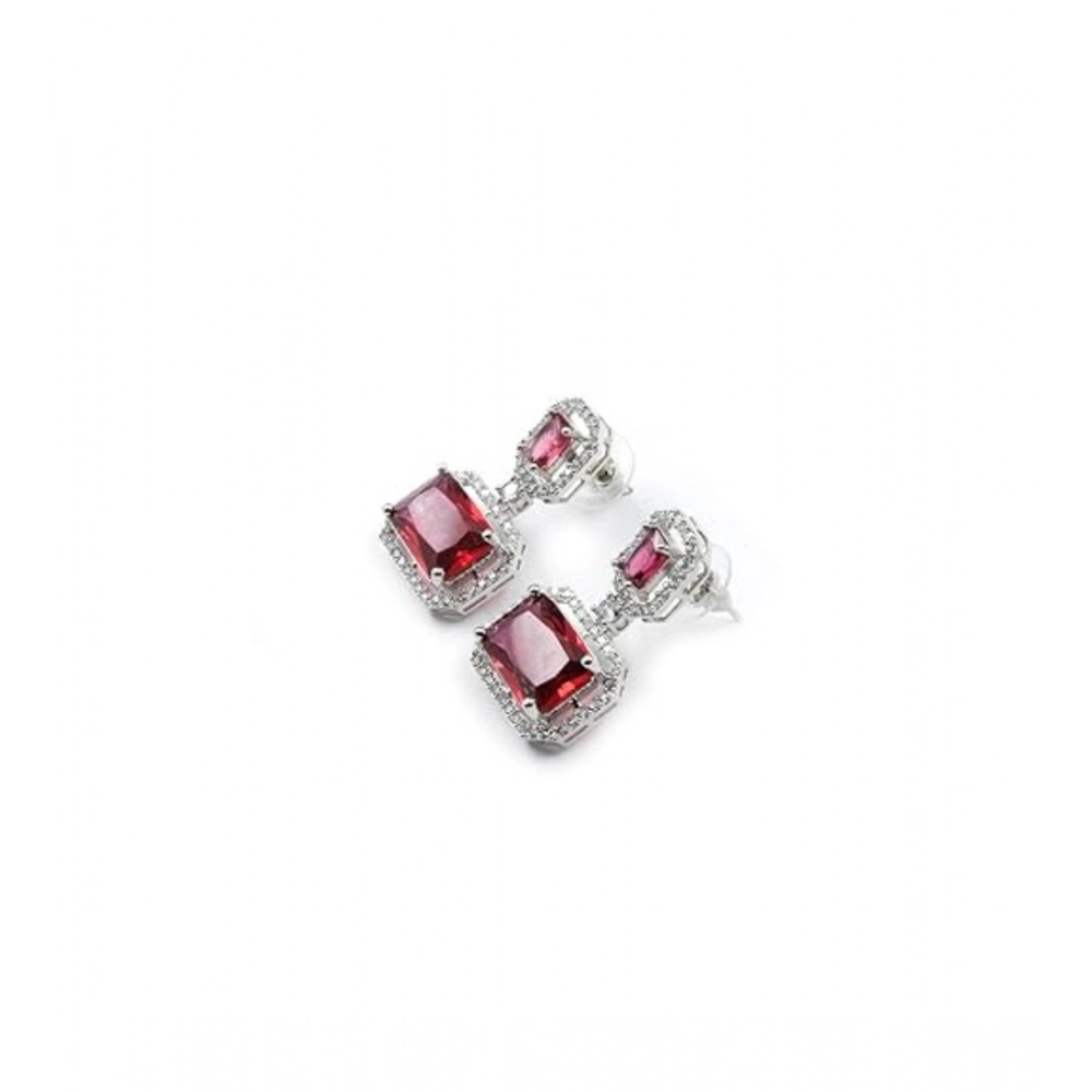 Generic Women's Brass Silver Plated Drop Earrings (Red) - Image 2
