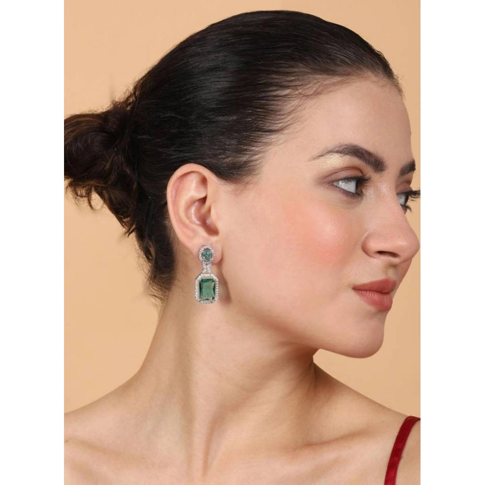 Generic Women's Brass Silver Plated Drop Earrings (Green) - Image 3