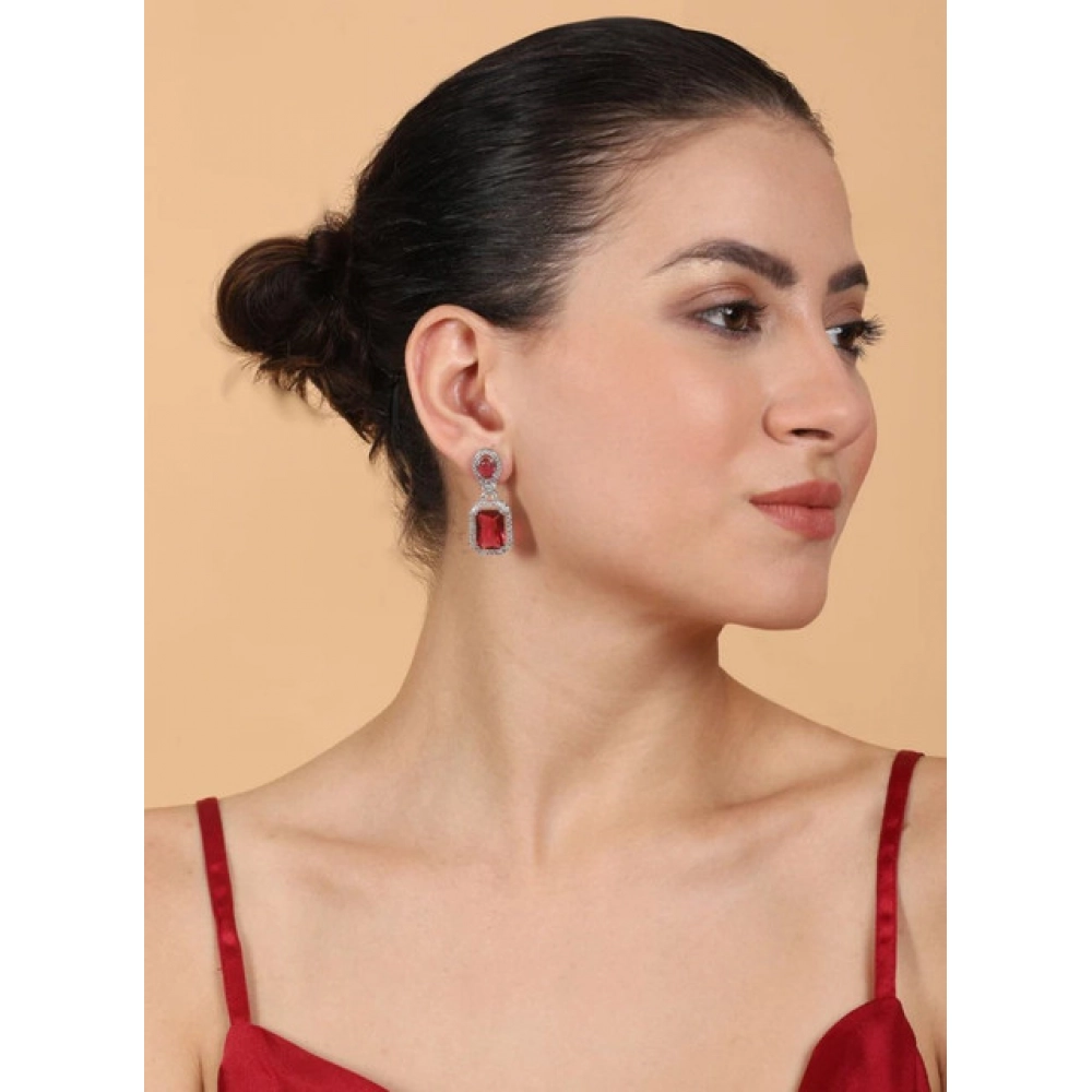 Generic Women's Brass Silver Plated Drop Earrings (Red) - Image 2