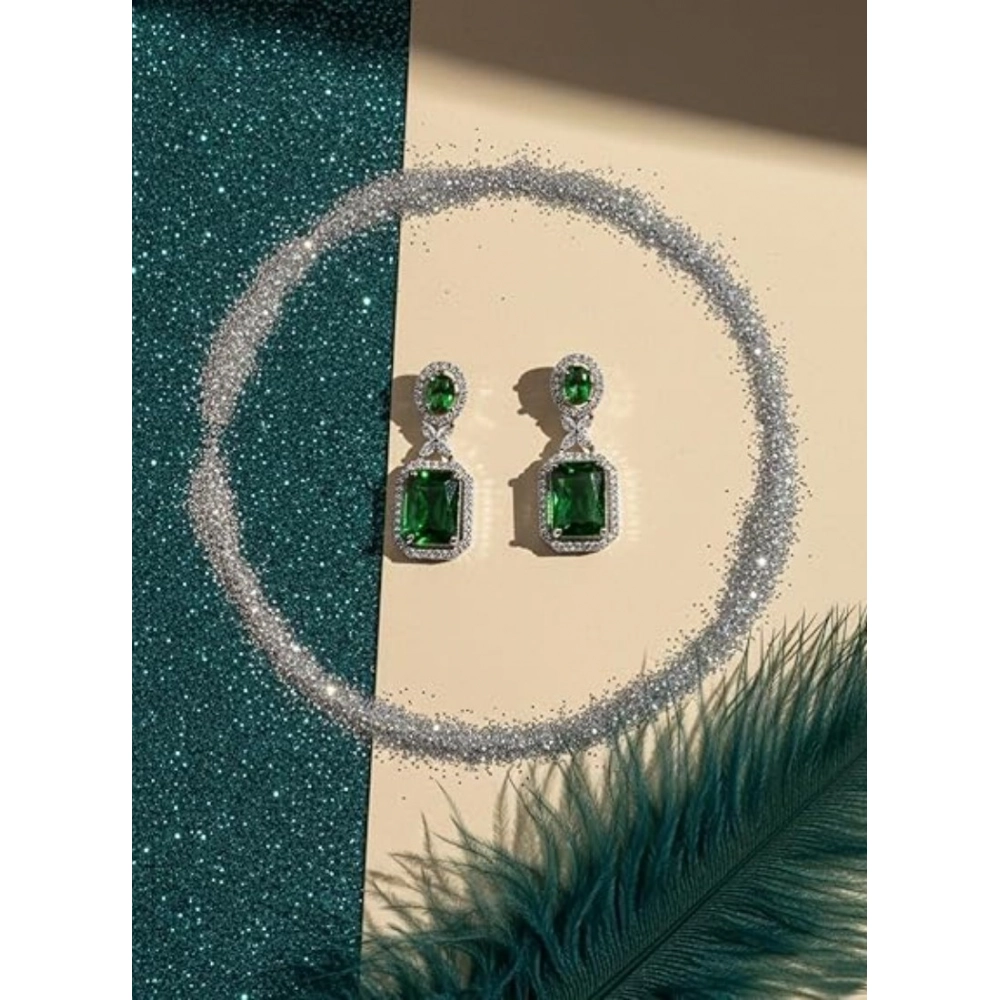 Generic Women's Brass Silver Plated Drop Earrings (Green) - Image 4