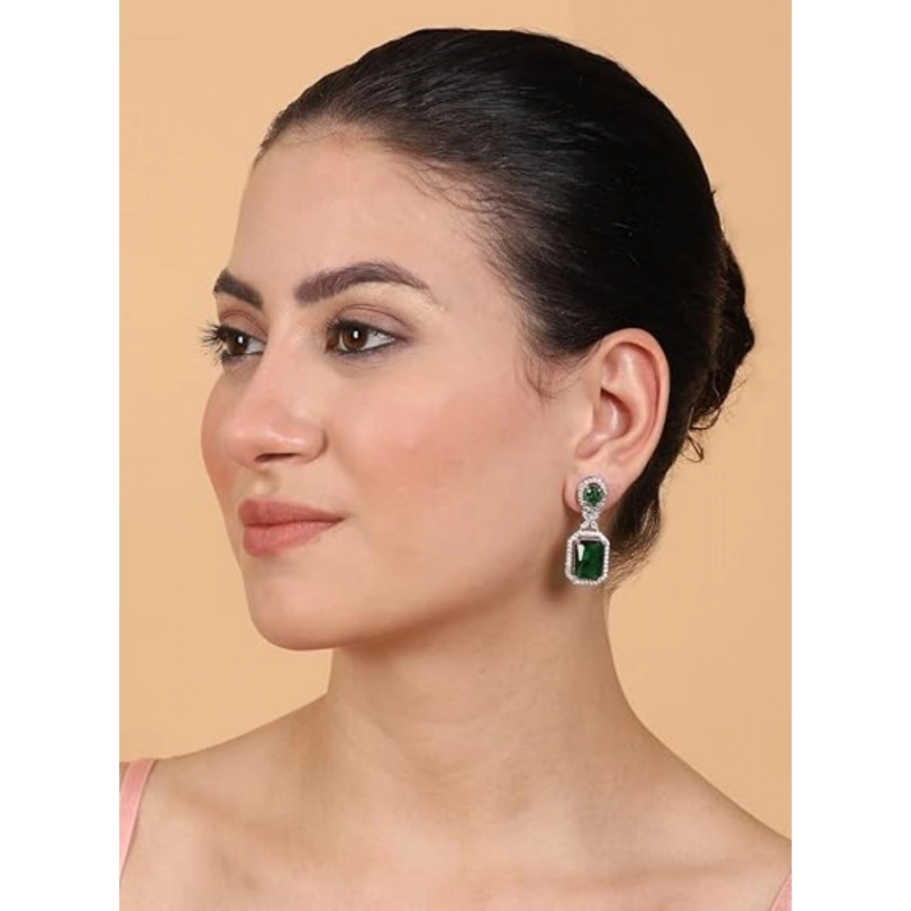 Generic Women's Brass Silver Plated Drop Earrings (Green) - Image 3