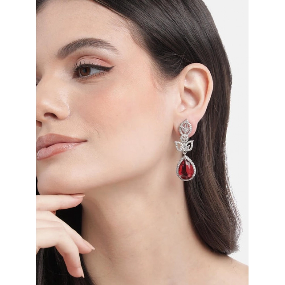 Generic Women's Brass Silver Plated Drop Earrings (Red) - Image 3