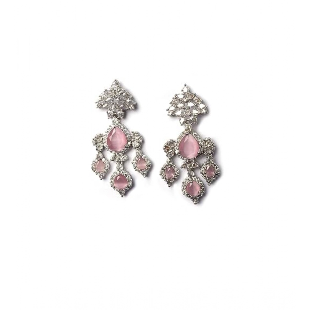 Generic Women's Brass Silver Plated Drop Earrings (Pink) - Image 5