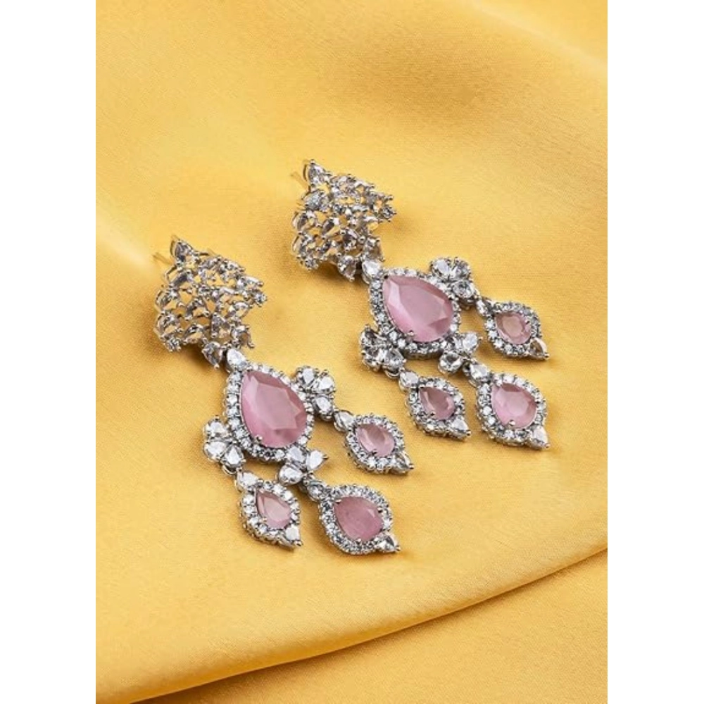 Generic Women's Brass Silver Plated Drop Earrings (Pink) - Image 4
