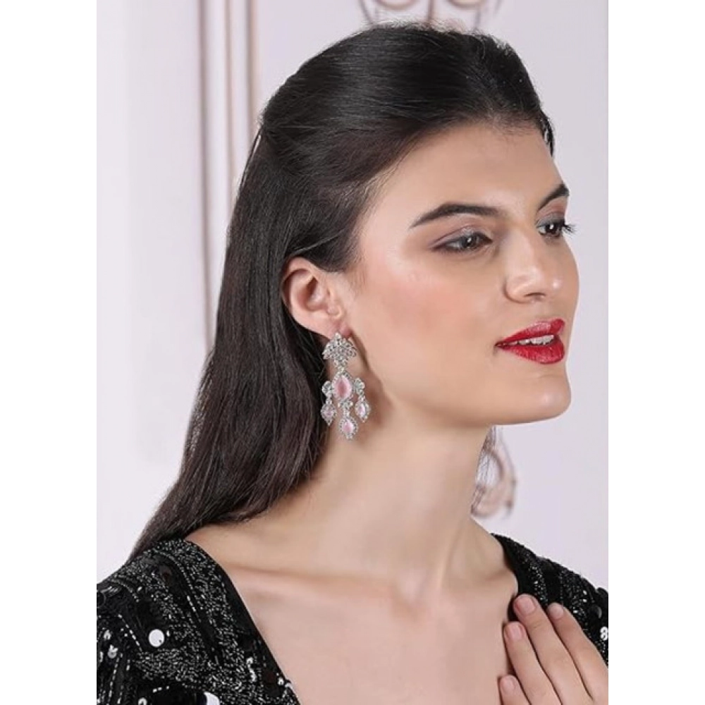 Generic Women's Brass Silver Plated Drop Earrings (Pink) - Image 3