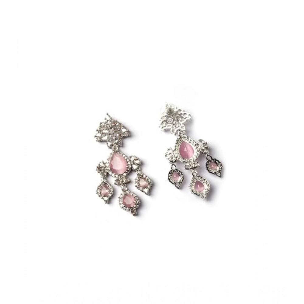 Generic Women's Brass Silver Plated Drop Earrings (Pink) - Image 2