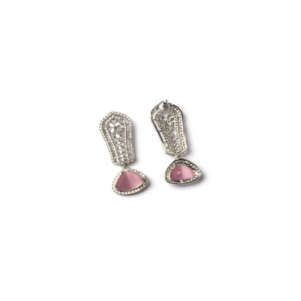 Generic Women's Brass Silver Plated Drop Earrings (Pink) - Image 5
