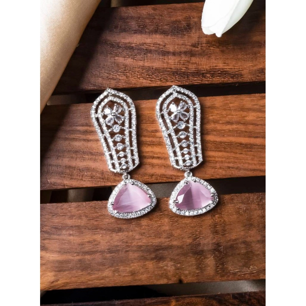 Generic Women's Brass Silver Plated Drop Earrings (Pink) - Image 3