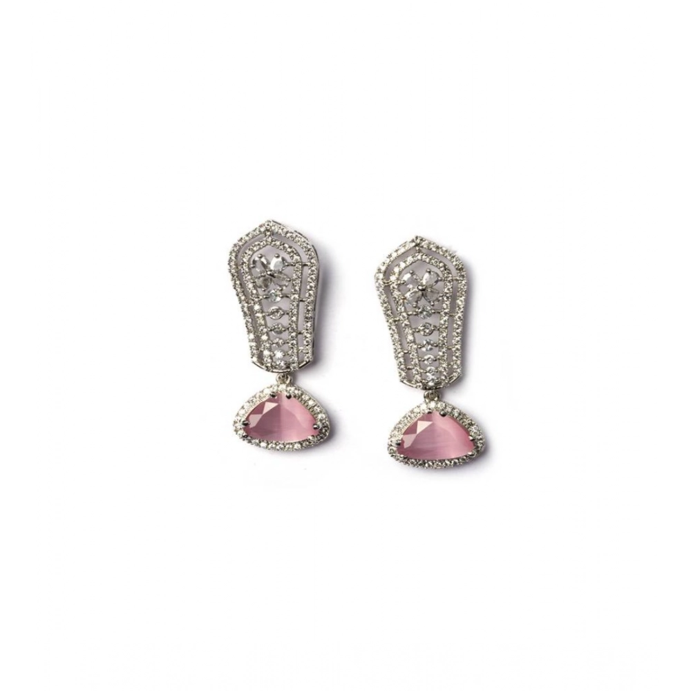 Generic Women's Brass Silver Plated Drop Earrings (Pink) - Image 2