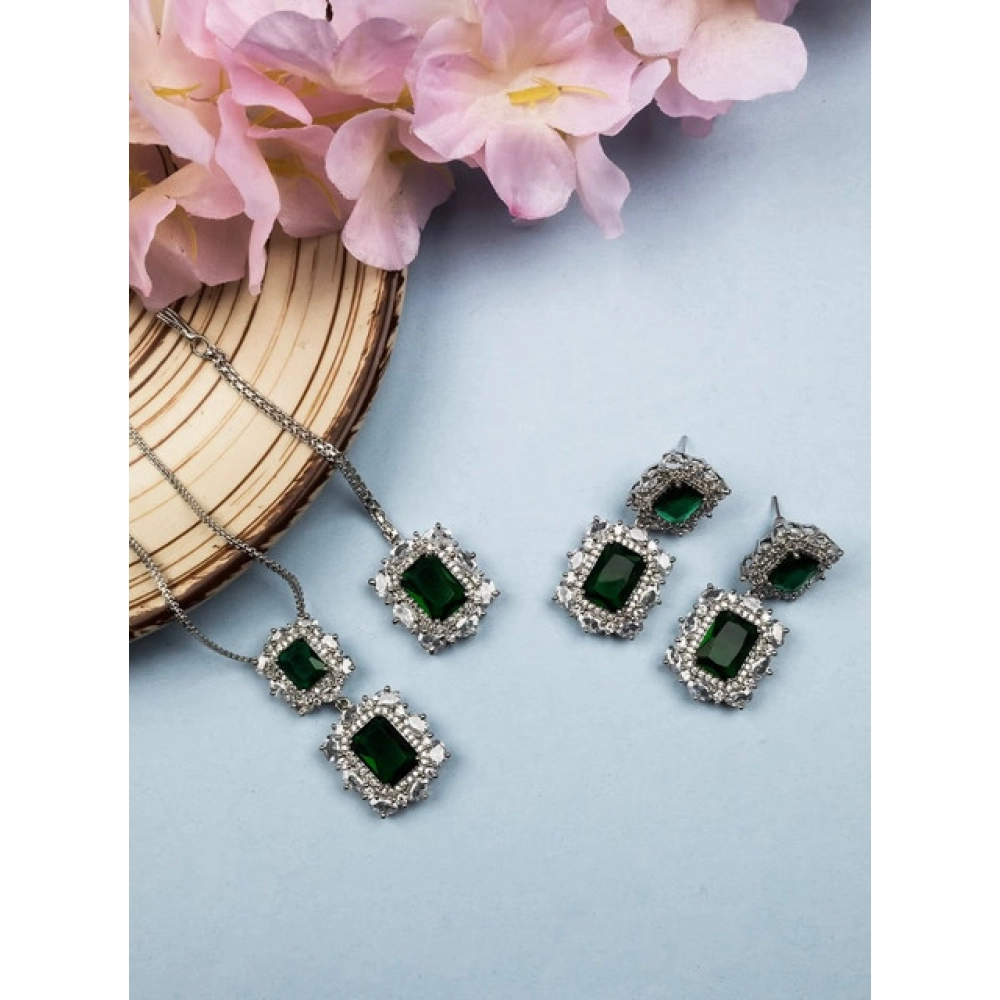 Generic Women's Brass Silver Plated Pendant Set (Green) - Image 4