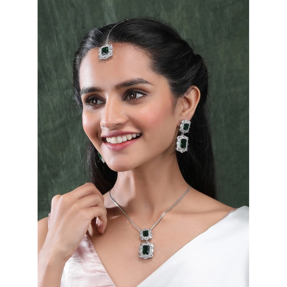 Generic Women's Brass Silver Plated Pendant Set (Green) - Image 3