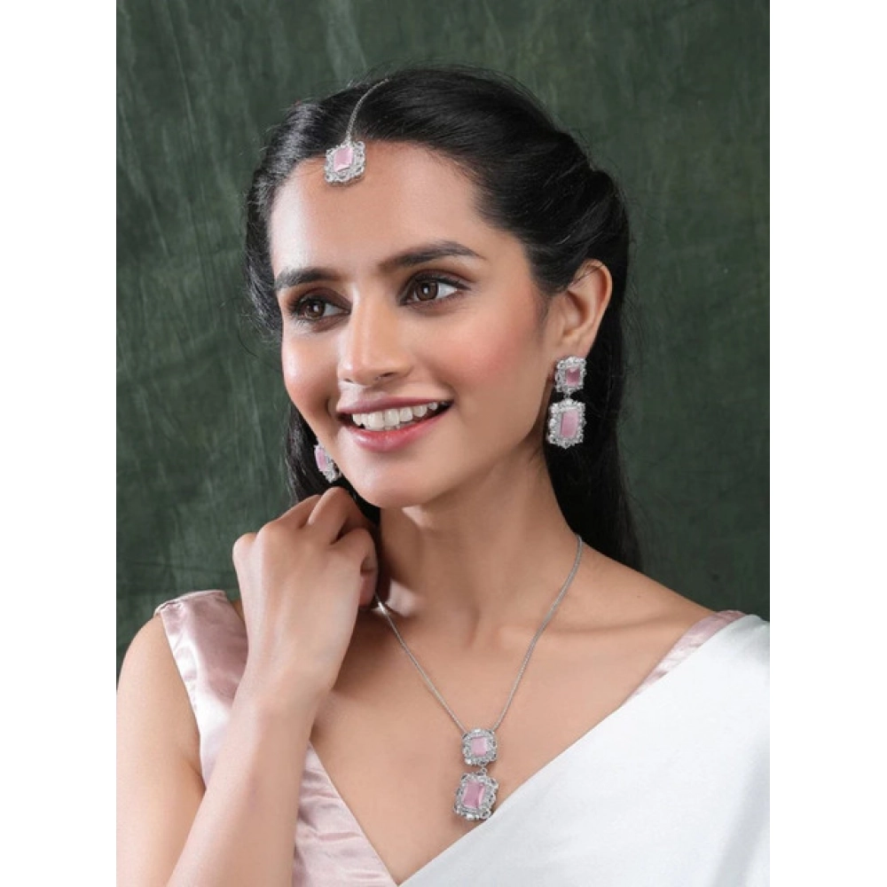 Generic Women's Brass Silver Plated Pendant Set (Pink) - Image 4