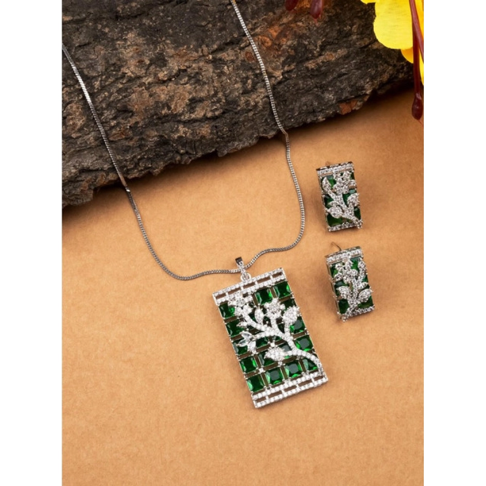 Generic Women's Brass Silver Plated Pendant Set (Green) - Image 4