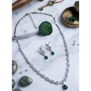 Generic Women's Brass Silver Plated Necklace set (Green)