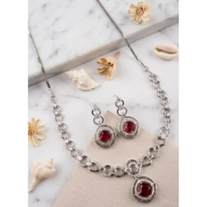 Generic Women's Brass Silver Plated Necklace set (Red)