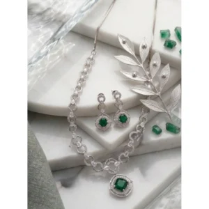 Generic Women's Brass Silver Plated Necklace set (Green)
