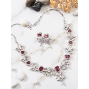 Generic Women's Brass Silver Plated Necklace set (Red)