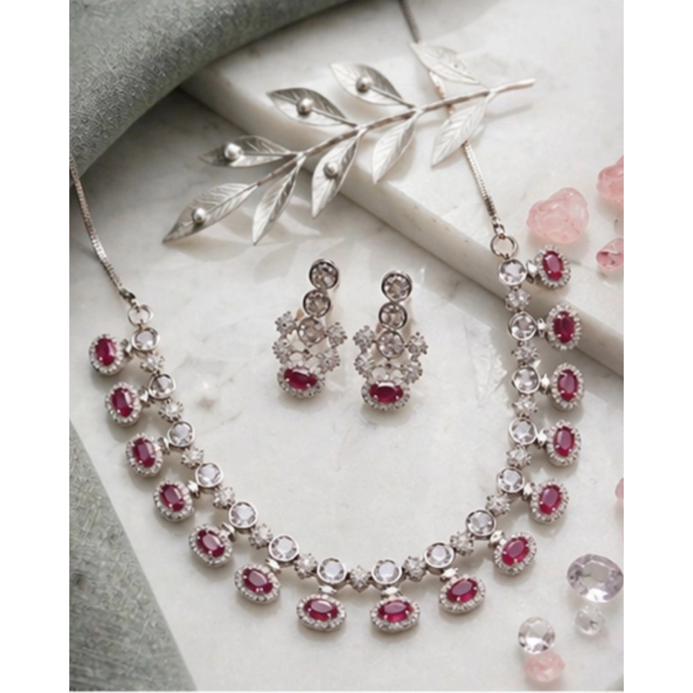 Generic Women's Brass Silver Plated Necklace set (Pink) - Image 5