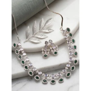 Generic Women's Brass Silver Plated Necklace set (Green)