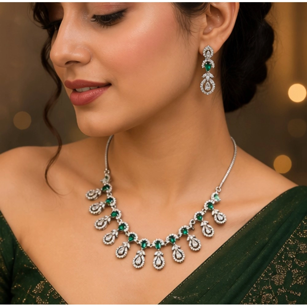 Generic Women's Brass Silver Plated Necklace set (Green) - Image 4