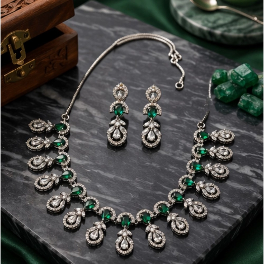 Generic Women's Brass Silver Plated Necklace set (Green) - Image 3