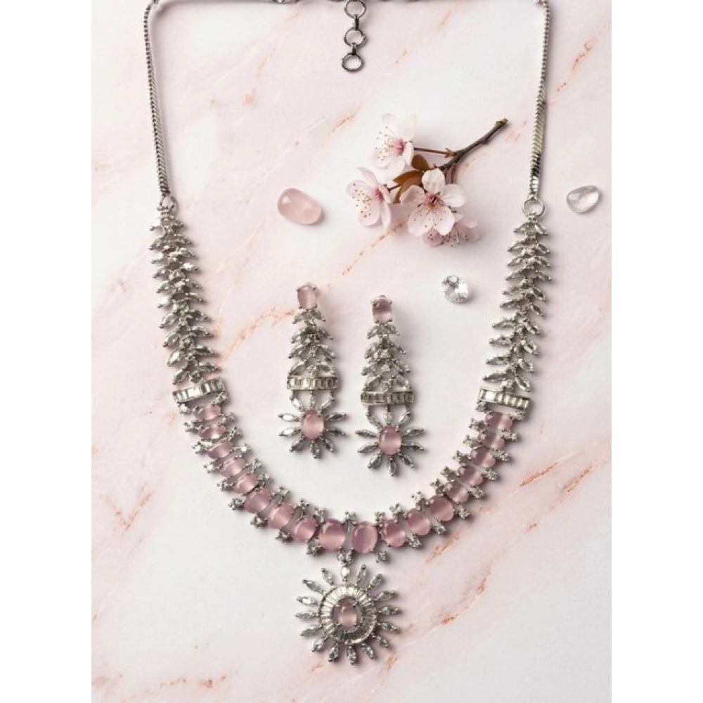 Generic Women's Brass Silver Plated Necklace set (Pink)
