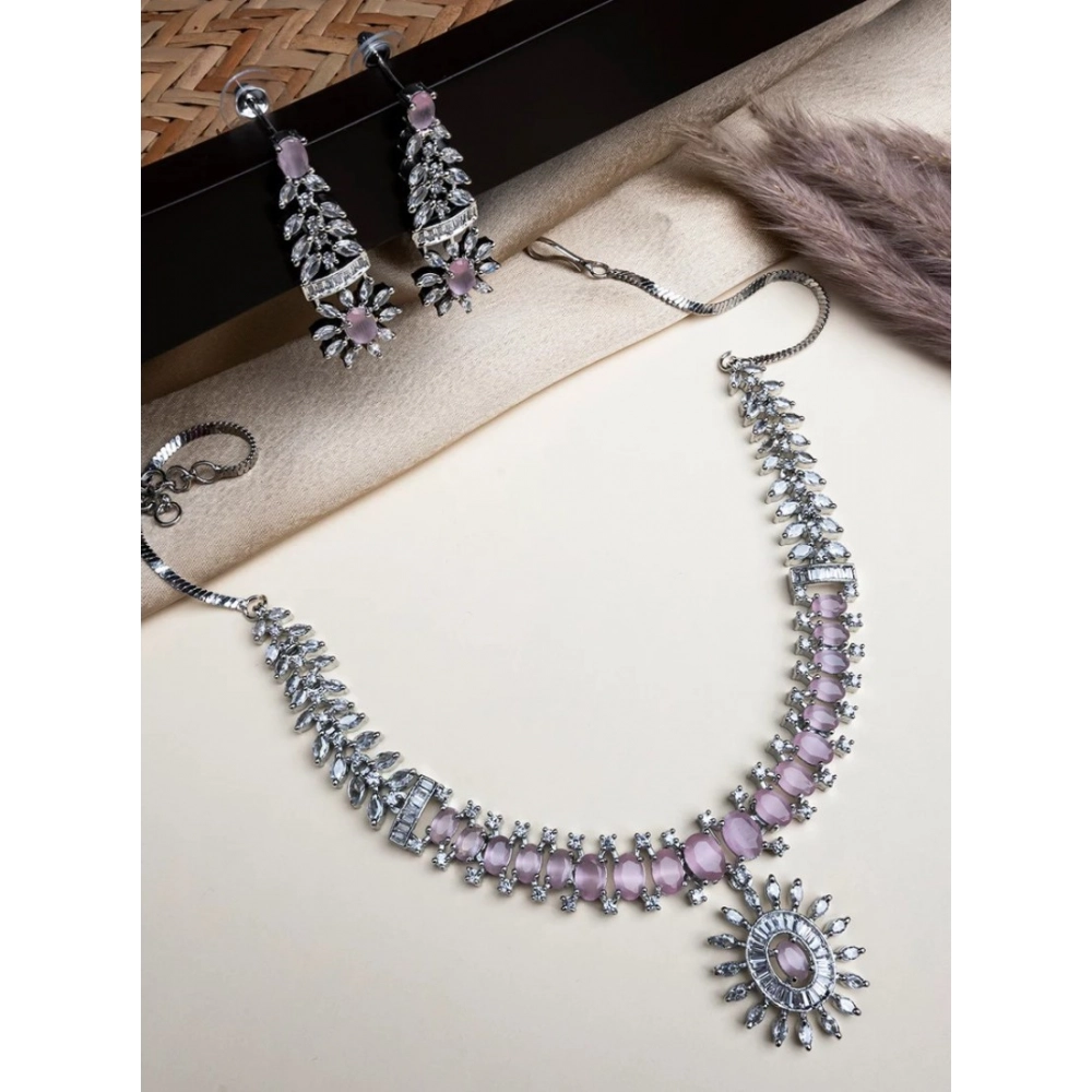 Generic Women's Brass Silver Plated Necklace set (Pink) - Image 3